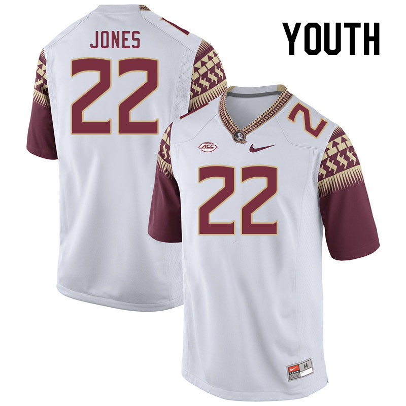 Youth #22 Jaden Jones Florida State Seminoles College Football Jerseys Stitched-White - Click Image to Close